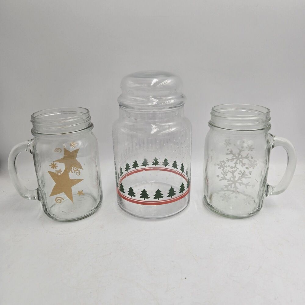 Christmas Glass Canister Jar w/ Lid & 2 Mason Jar Mugs Holiday Set of 3